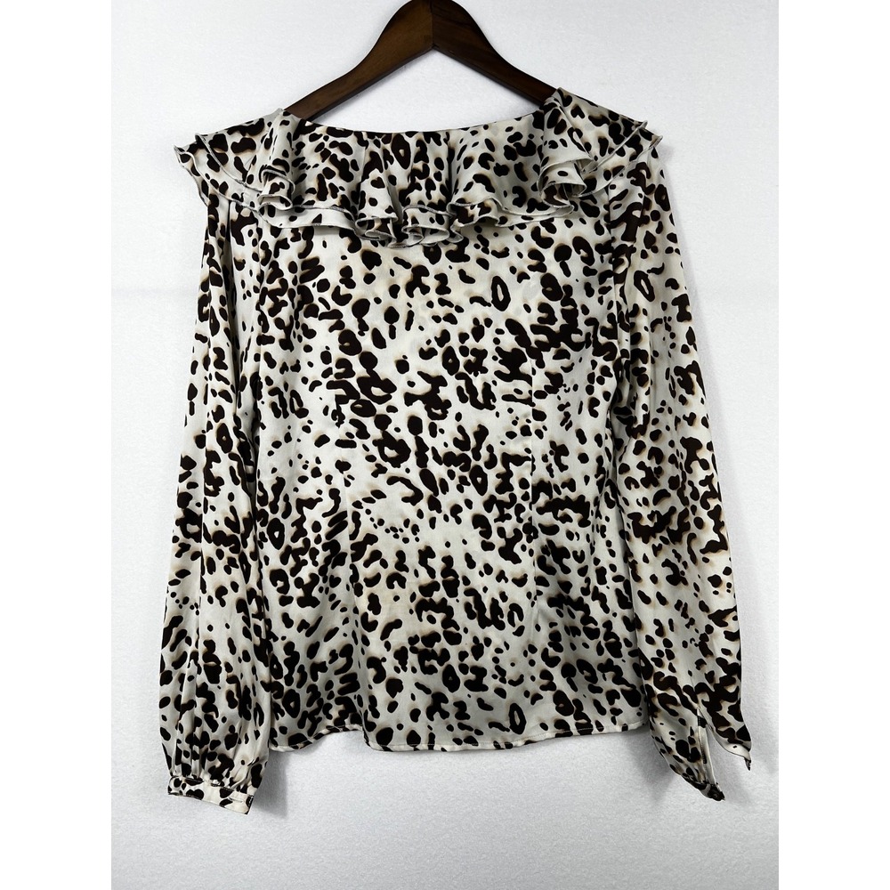 Boston Proper Size 4 Animal Print Blouse Button Front Ruffle - Picture 2 of 9